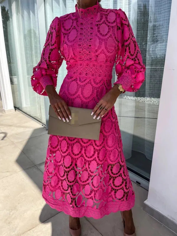 Spring New Fashionable French Lace Stand Up Collar With Bubble Sleeves Waist Cinching Slimming Dress Elegant Long Dress