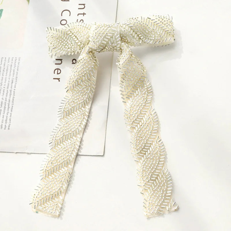 Glass Diamond Beaded Full Pearls Hairclip Bows Ribbon Barrette Girls Bow Hairpins Wedding Hair Accessories Hair Clips Women