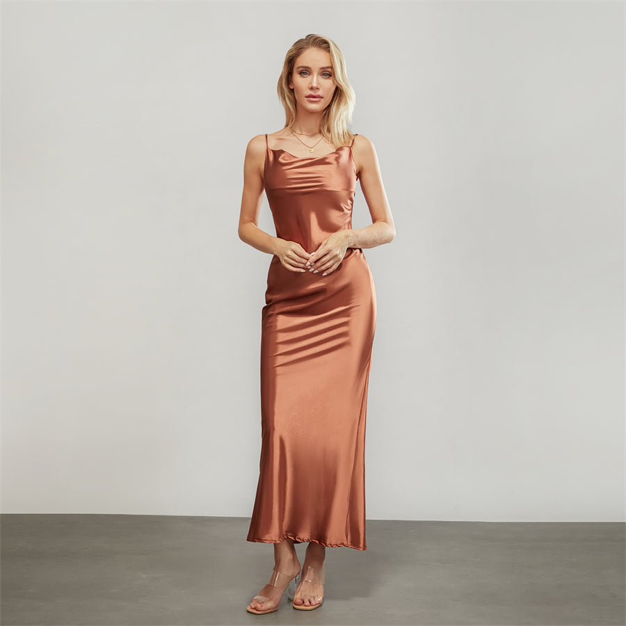 Elegant Satin Long Dress Solid Color Sleeveless Cowl Neck Wrap Party Dress