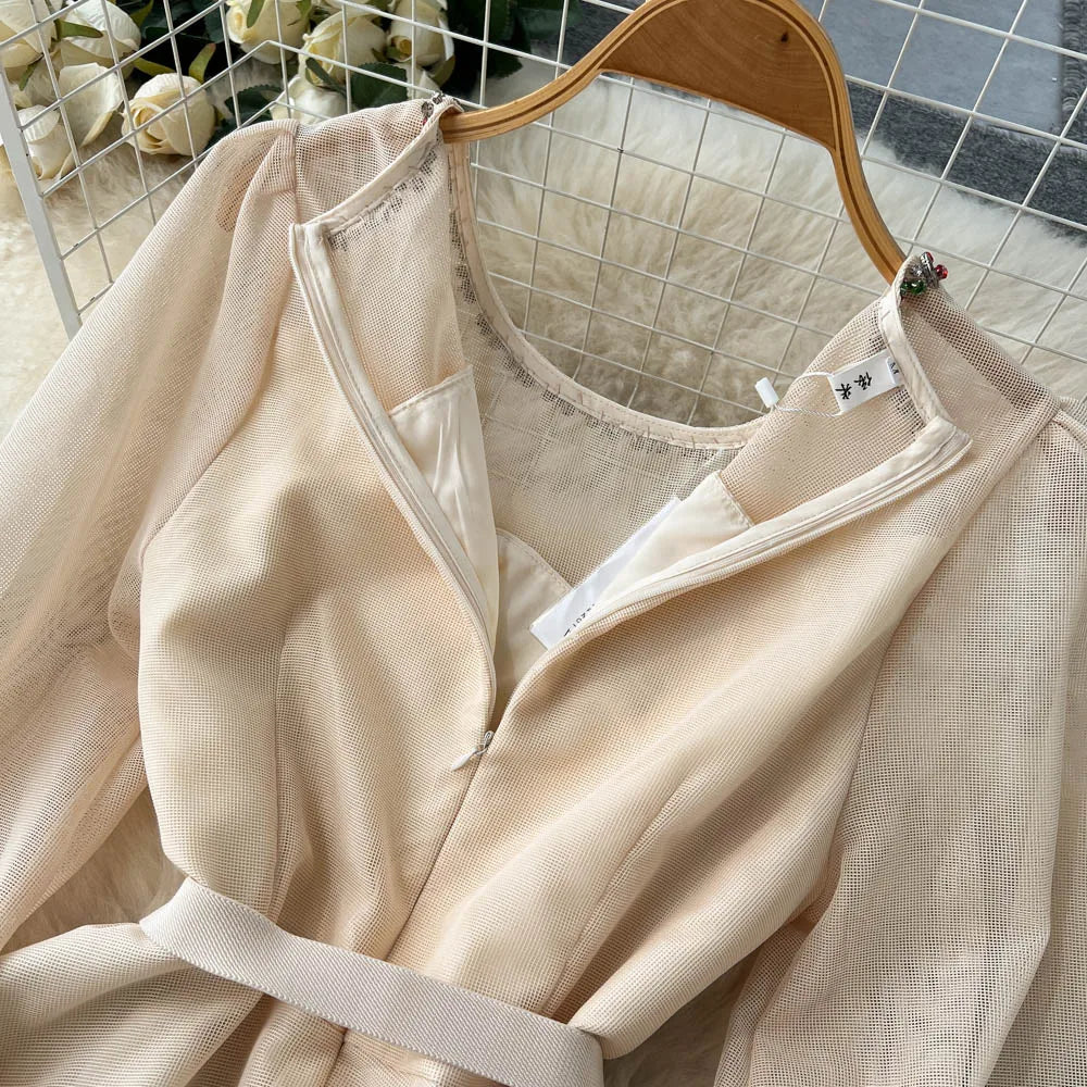 Autumn White/Beige Beading Embroidered Long Dress For Women Elegant O-Neck Puff Sleeve High Waist Elegant Party Robe New Fashion