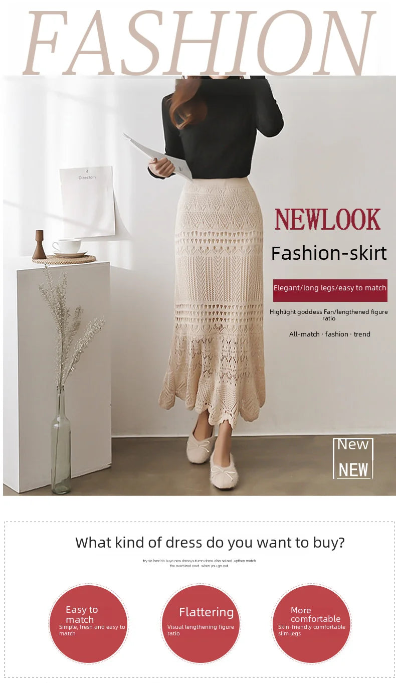 Spring Autumn High-waisted Loose-fit Knit Skirt Women's Hook Flower Hollow Out Long Dress 90cm