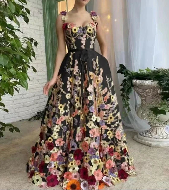 3D Floral Embroidery Strap Slim Maxi Dresses for Women Elegant Fashion Backless Sleeveless Wrap Hip Sexy Party Long Dress