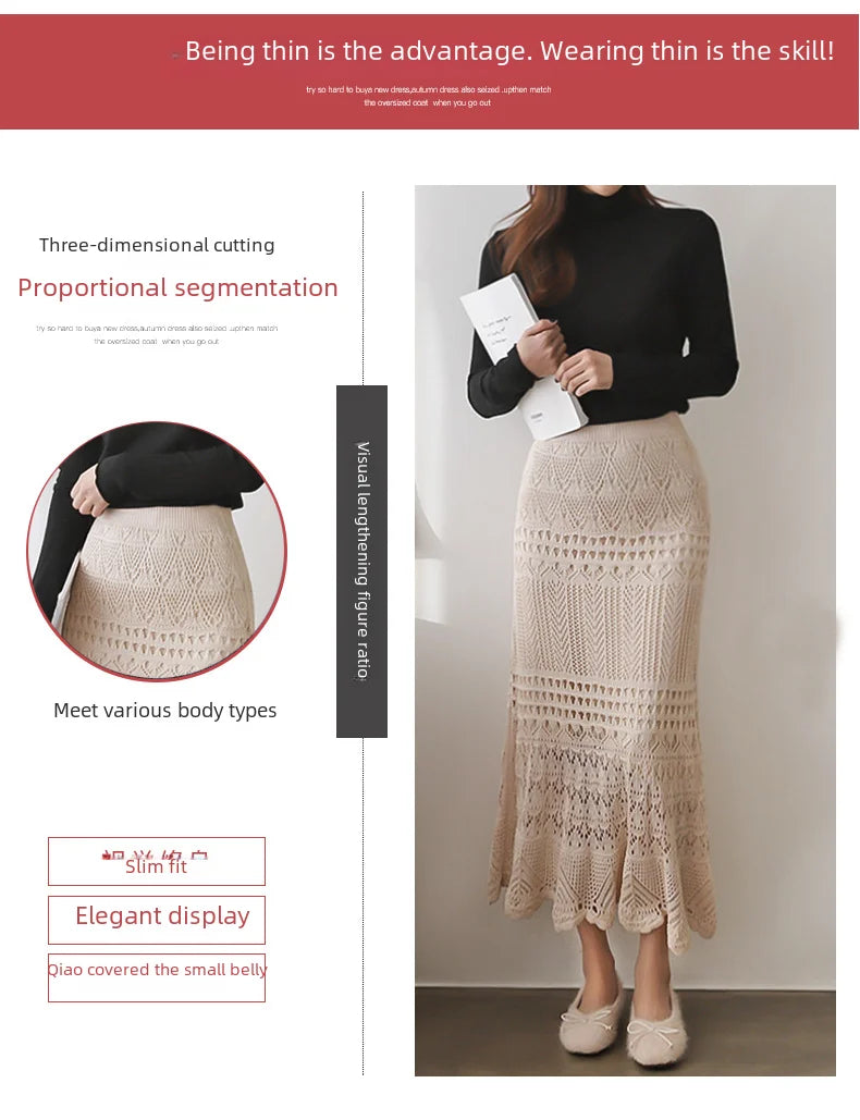 Spring Autumn High-waisted Loose-fit Knit Skirt Women's Hook Flower Hollow Out Long Dress 90cm