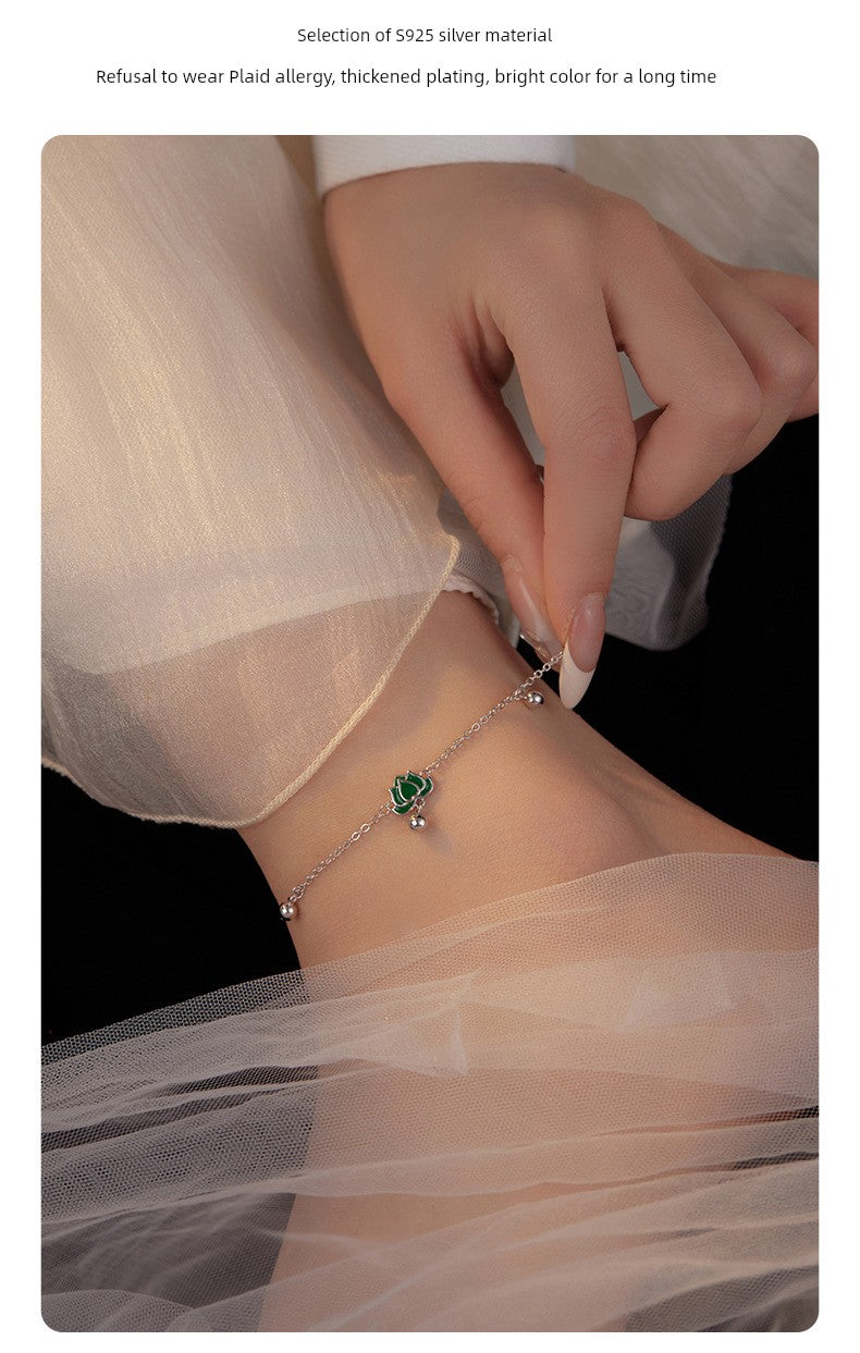 S925 Sterling Silver Step-by-Step Lotus Sliver Beads Anklet Female Retro Artsy Fresh Lotus Lucky Beads Ankle Chain Ornament
