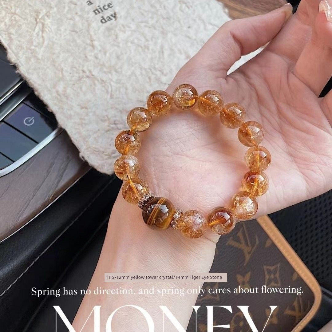 Natural Yellow Tower Crystal Large Particles Bring In Wealth and Treasure Rich Transfer Energy Crystal Tiger-Eye Bracelet Birth Year Bring In Wealth and Treasure Bracelet