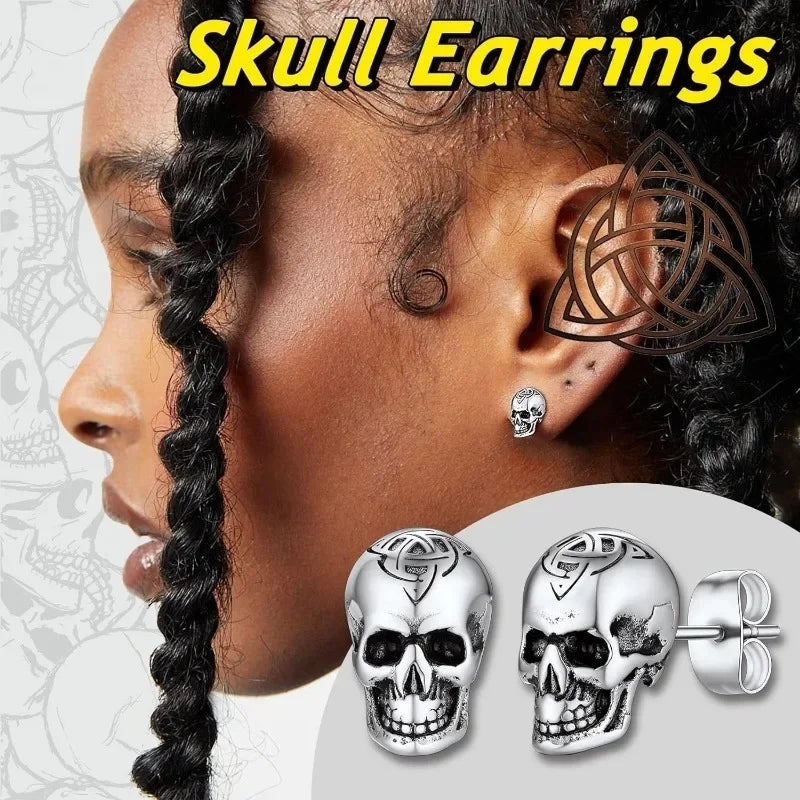 Gothic Skull Earrings for Men Boys Stainless Steel Jewlery Cool Punk Earring Studs for Party Halloween Father Days Gifts