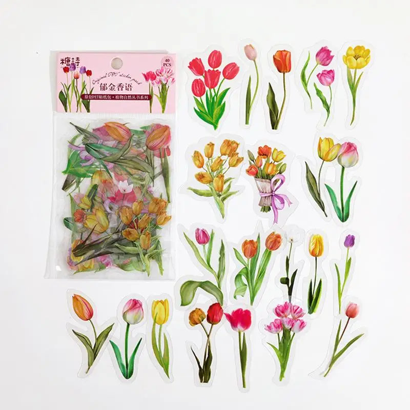 1sets Retro Plant English PET Deco Stickers Plant Flower Leaf Transparent Bullet Journaling Accessories Aesthetic Stickers