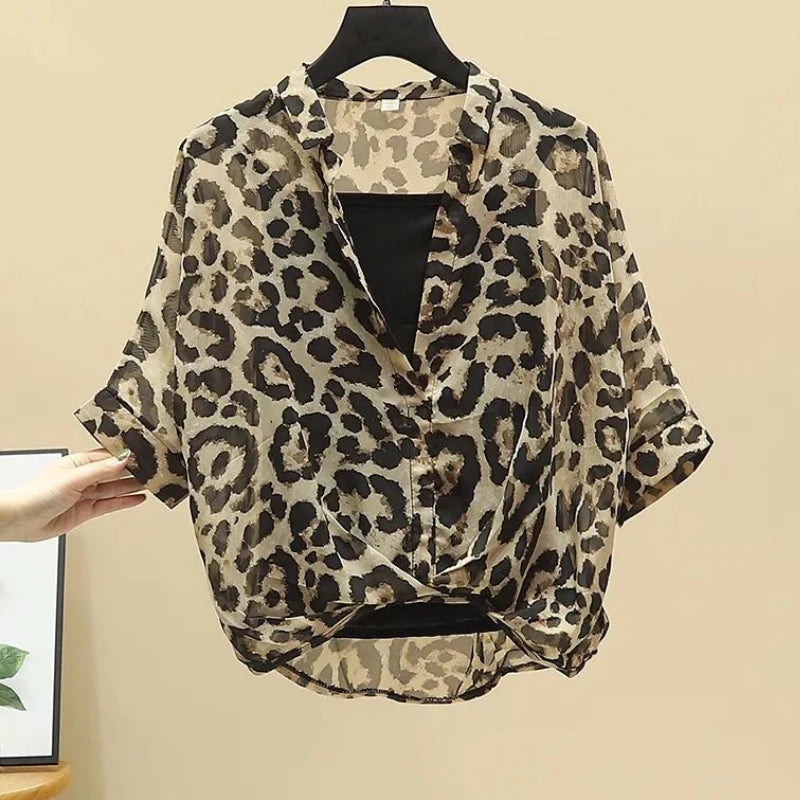 2025 Blusas Mujer De Moda Chiffon Shirts Sets Fashion Sexy Leopard V-neck Blouses Tunic Vest Suit Temperament Summer Loose Tops