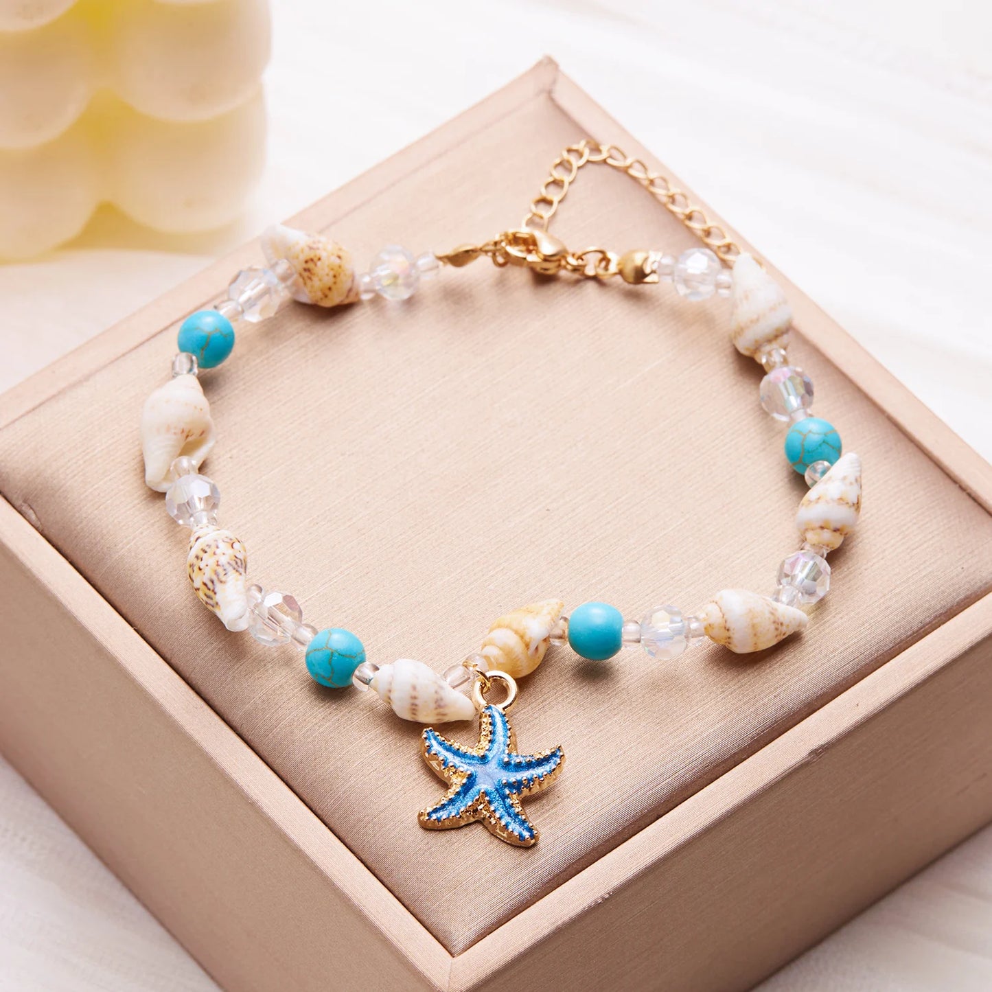 Boho Starfish Conch Bracelet Anklets for Women Girls Cute Shell Rice Beads Leg Ankle Chain Summer Foot Beach Jewelry Gifts