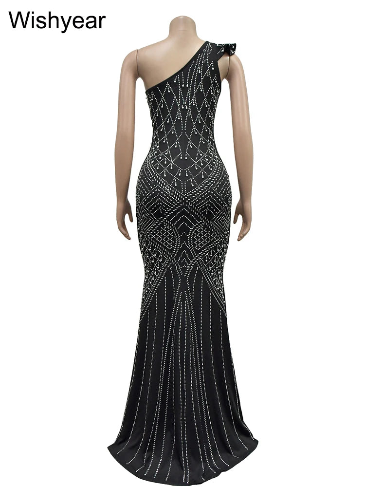 Wishyear Spring Sexy Party Club Birthday Evening Rhinestone Diagonal Collar Long Dress for Women Sleeveless Maxi Vestidos Luxury