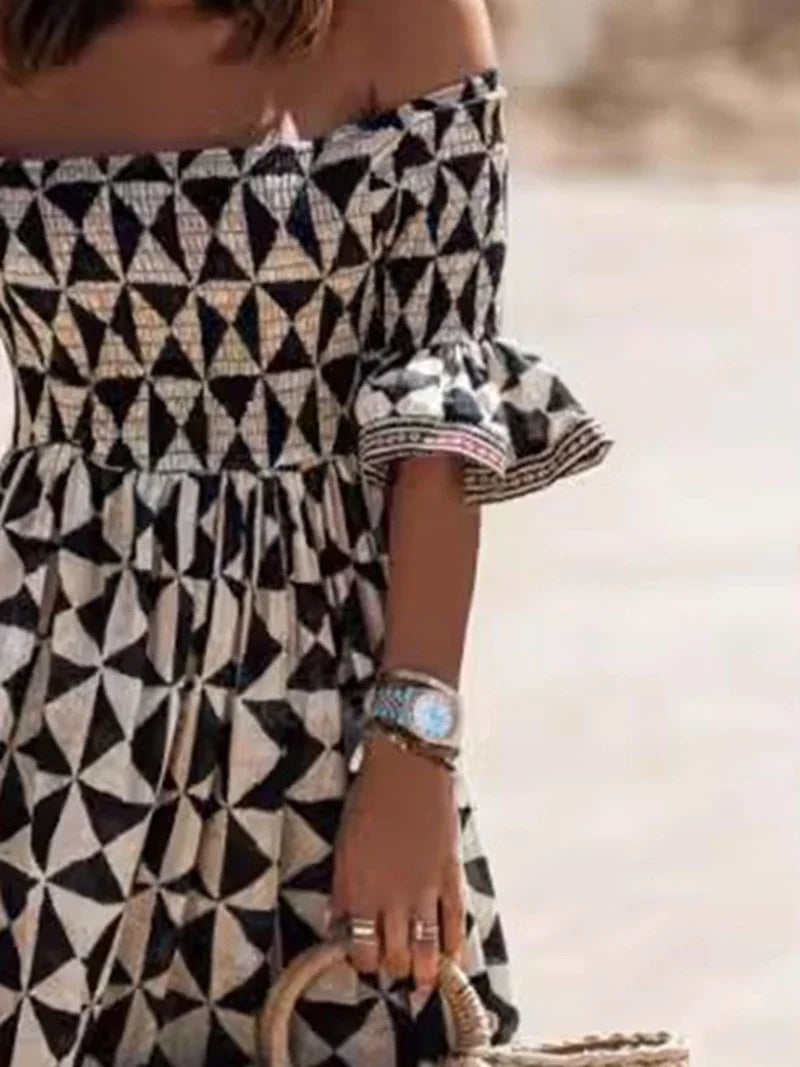 Women's Fashion Dress One Line Neck Off Shoulder Elegant Printed Waist and Ankle Long Dress
