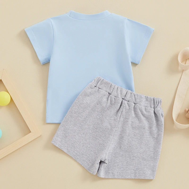 Baby Boy Easter Outfit Round Neck Short Sleeve Letter Print Tops Elastic Waist Shorts 2 Piece Summer Set for Infant Toddler
