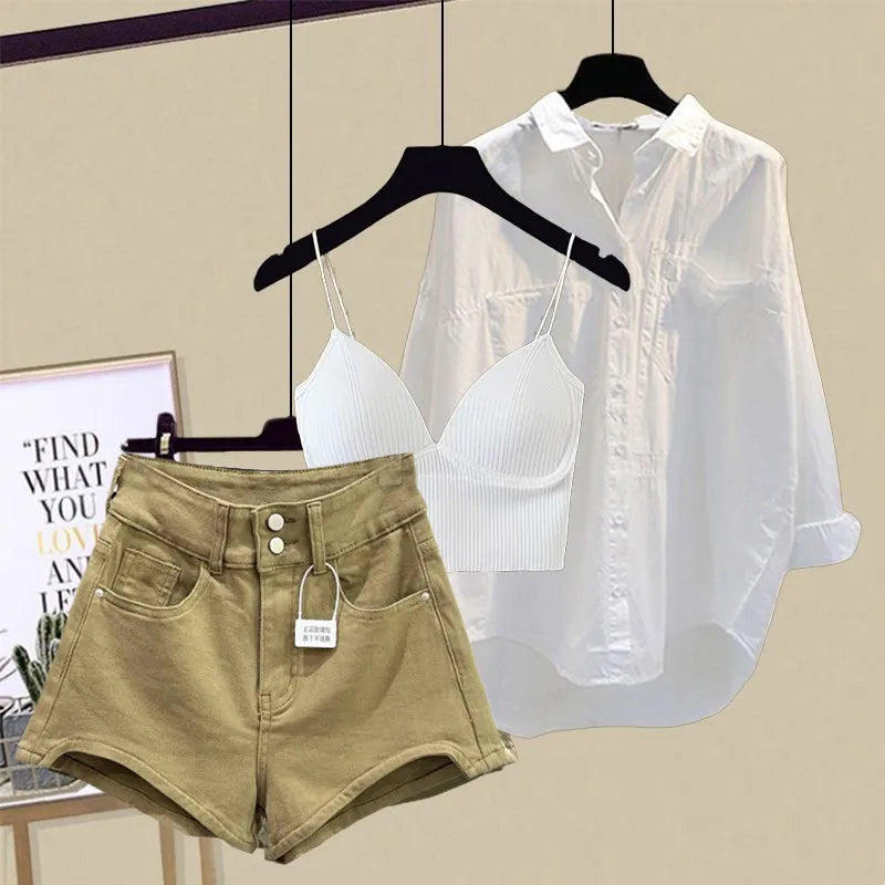 Spring/Summer Set Women's New Design Sense Sunscreen Shirt Fashion Tank Top Slimming Denim Shorts Age Reducing Three Piece