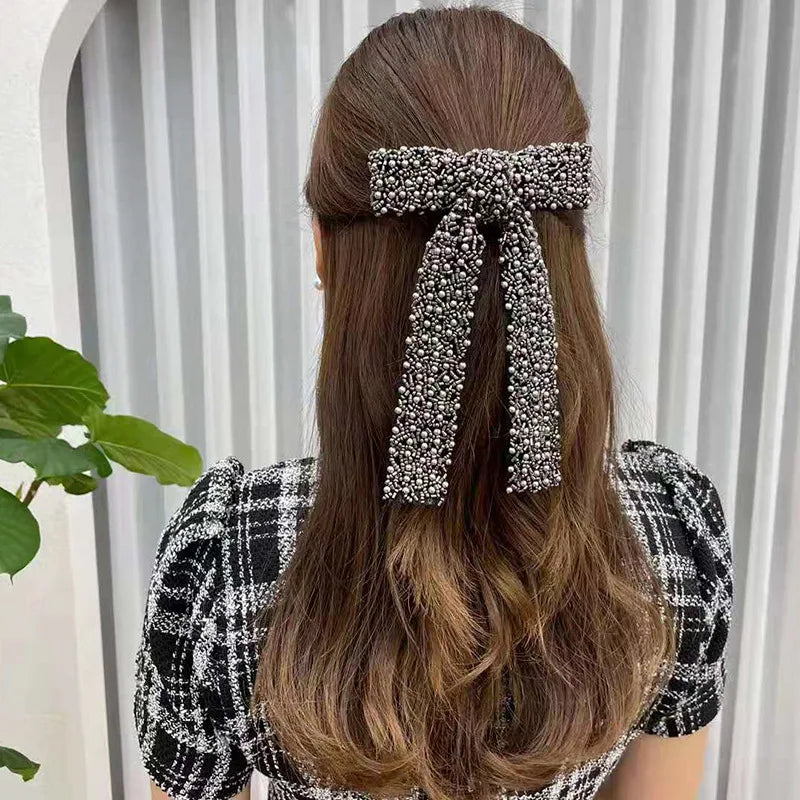 Glass Diamond Beaded Full Pearls Hairclip Bows Ribbon Barrette Girls Bow Hairpins Wedding Hair Accessories Hair Clips Women