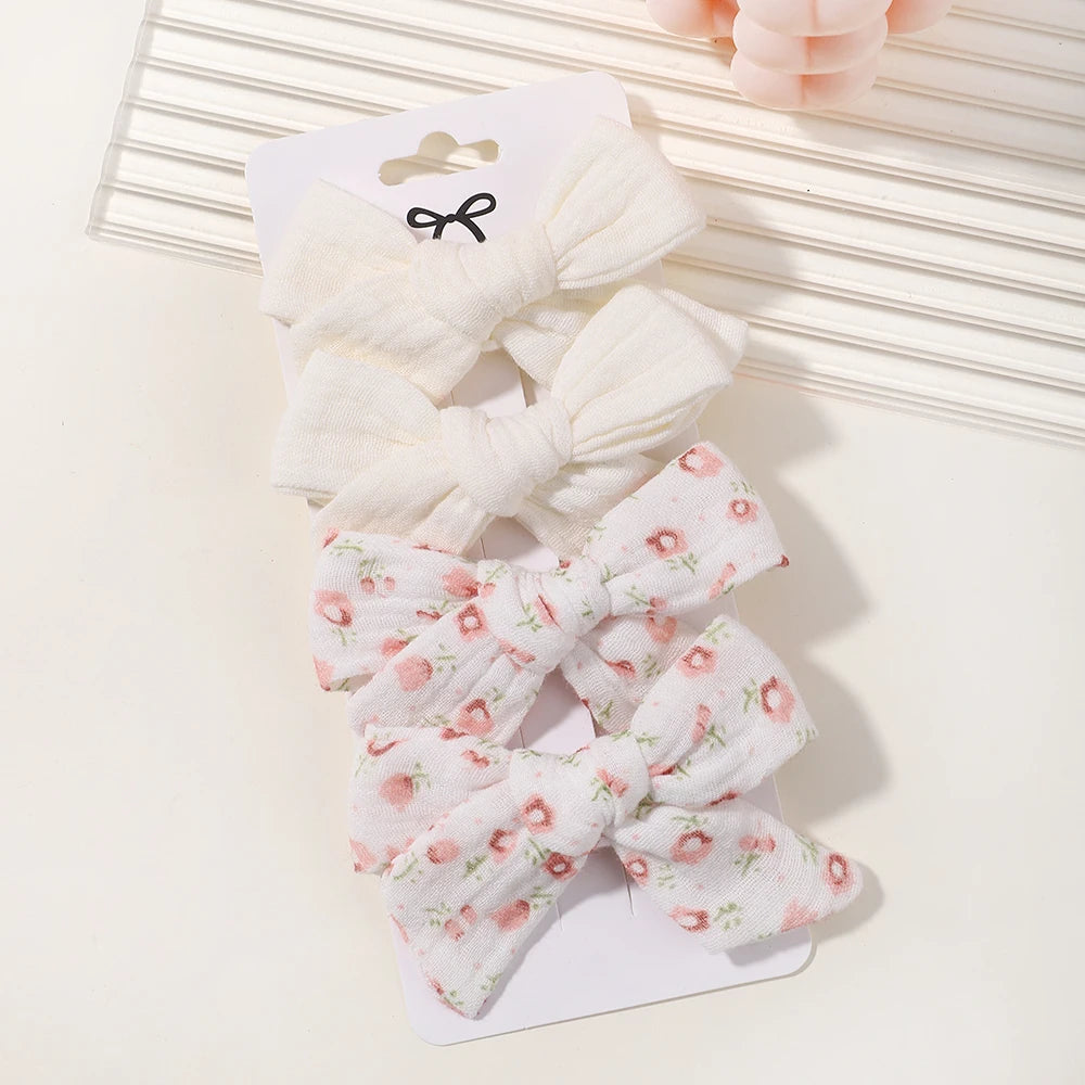4PCS/Set Muslin Baby Girls Bows Hair Clips Hairpins Hairclip For Kids Cotton Linen Barrette Flower Print Side Pin Accessories