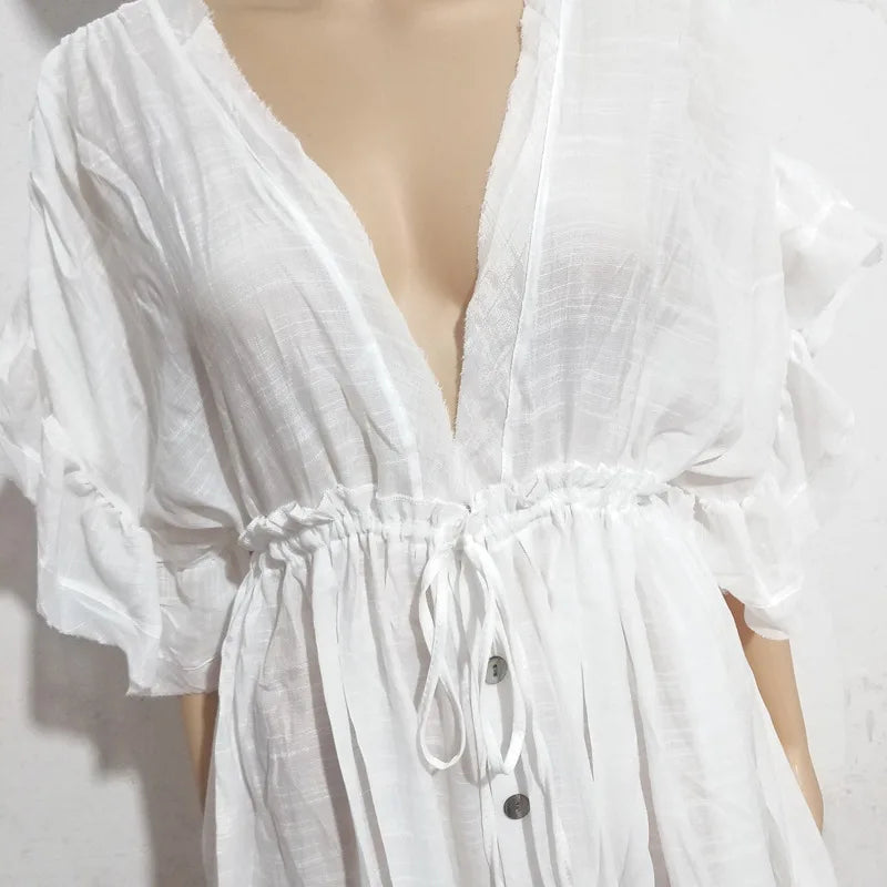 Long Dress Sunscreen Beach V Neck Button Waist Ties