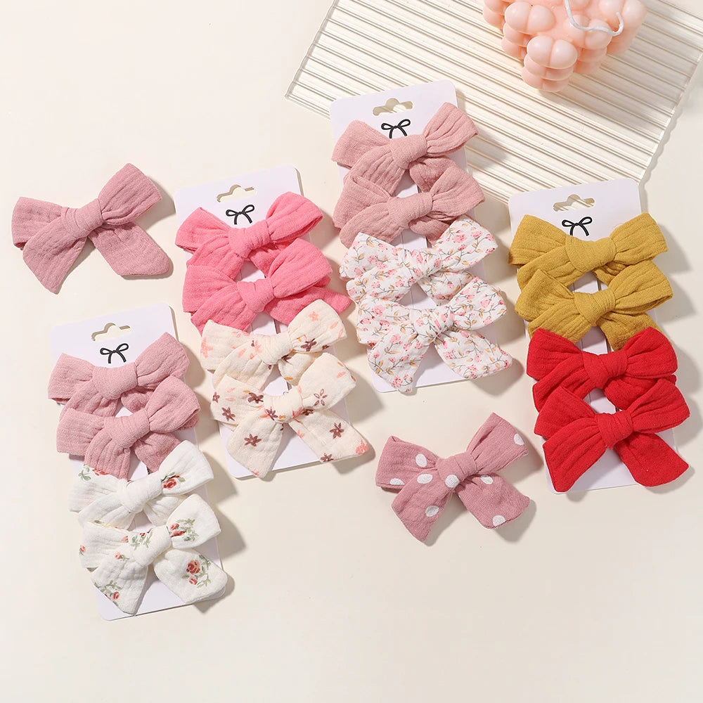4PCS/Set Muslin Baby Girls Bows Hair Clips Hairpins Hairclip For Kids Cotton Linen Barrette Flower Print Side Pin Accessories