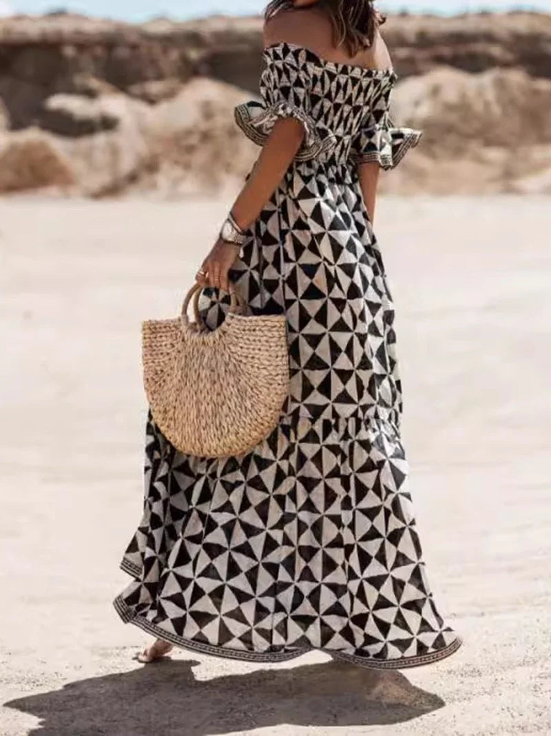 Women's Fashion Dress One Line Neck Off Shoulder Elegant Printed Waist and Ankle Long Dress