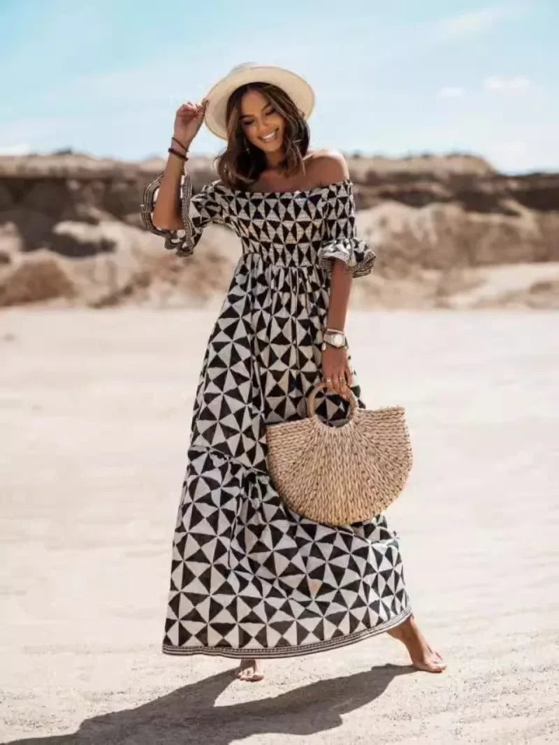 Women's Fashion Dress One Line Neck Off Shoulder Elegant Printed Waist and Ankle Long Dress