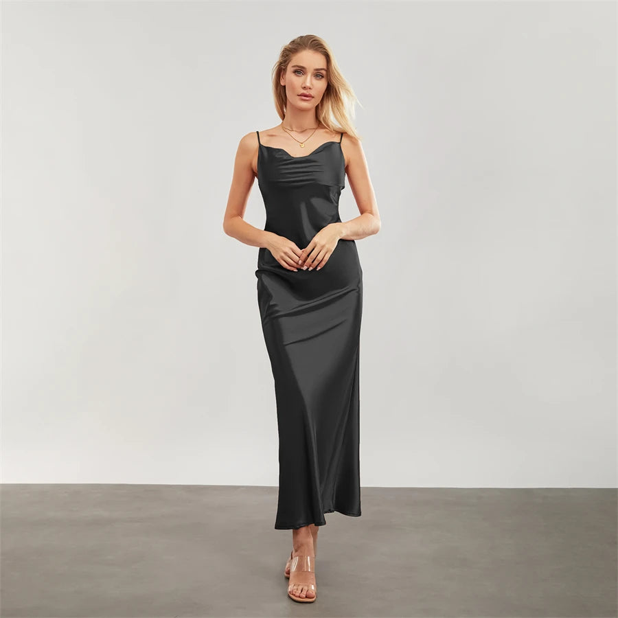 Elegant Satin Long Dress Solid Color Sleeveless Cowl Neck Wrap Party Dress