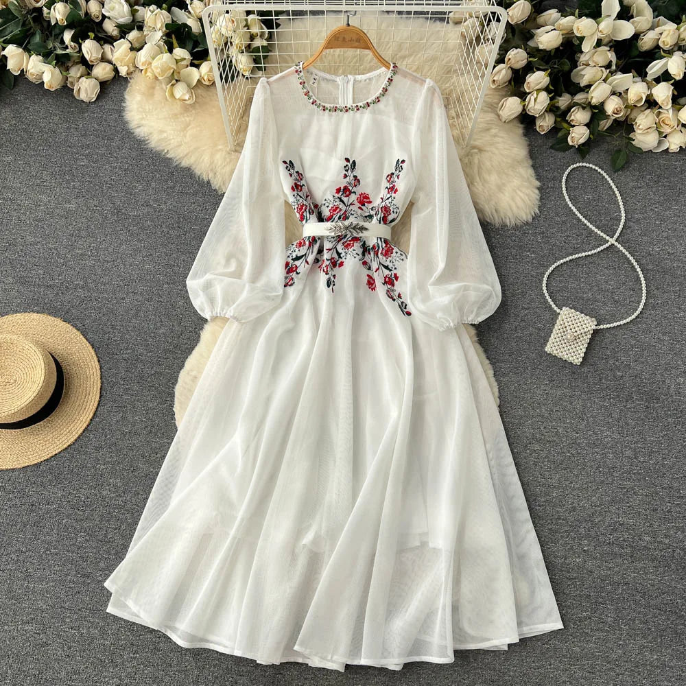 Autumn White/Beige Beading Embroidered Long Dress For Women Elegant O-Neck Puff Sleeve High Waist Elegant Party Robe New Fashion