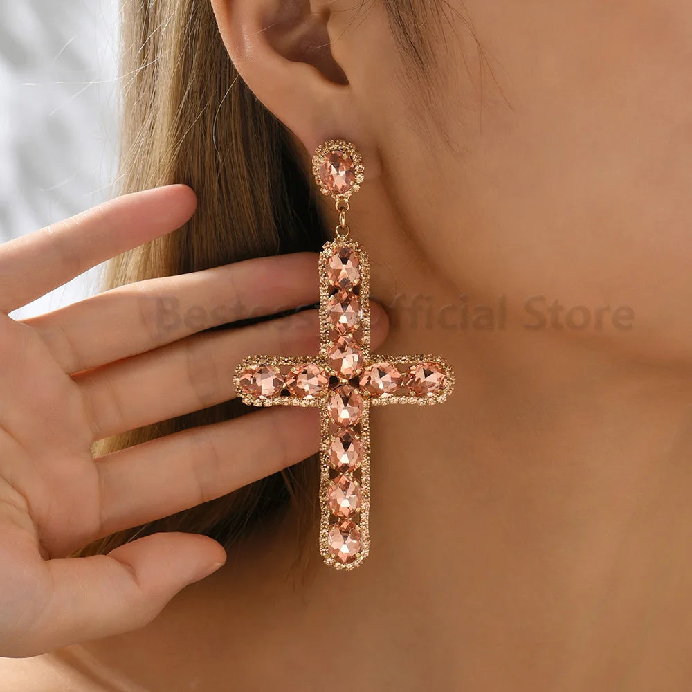 Luxury Shiny Crystal Clear Glass Cross Earrings Woman Popular Long Pendant Retro Statement Large Hanging Jewelry Ear Accessories
