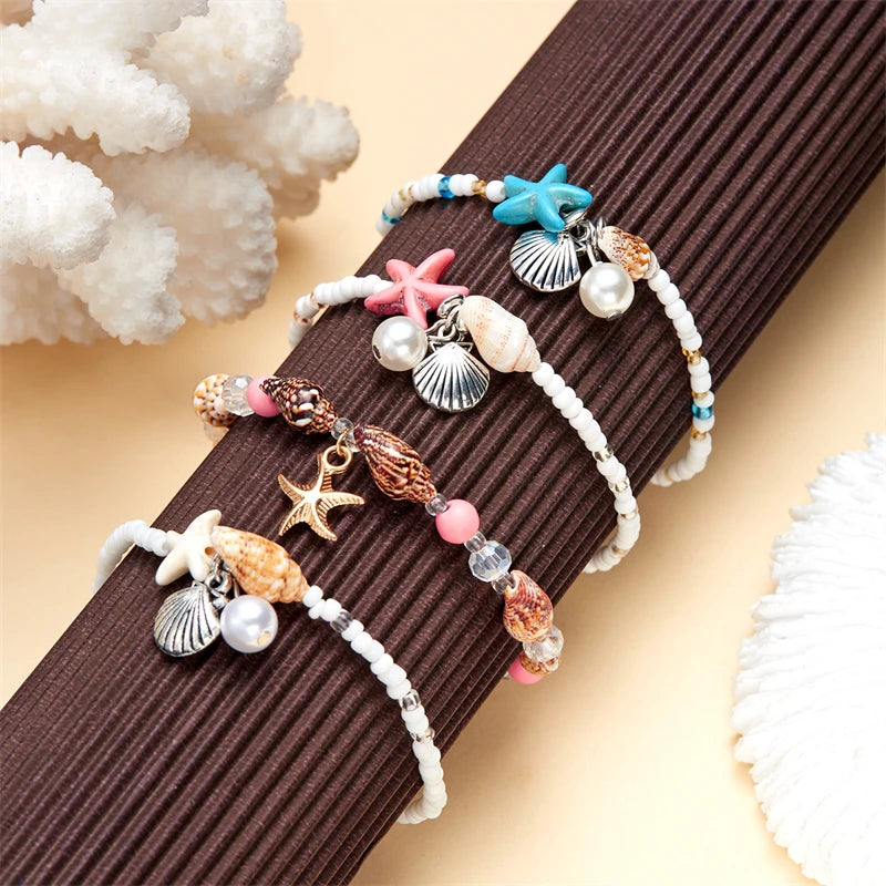 Boho Starfish Conch Bracelet Anklets for Women Girls Cute Shell Rice Beads Leg Ankle Chain Summer Foot Beach Jewelry Gifts