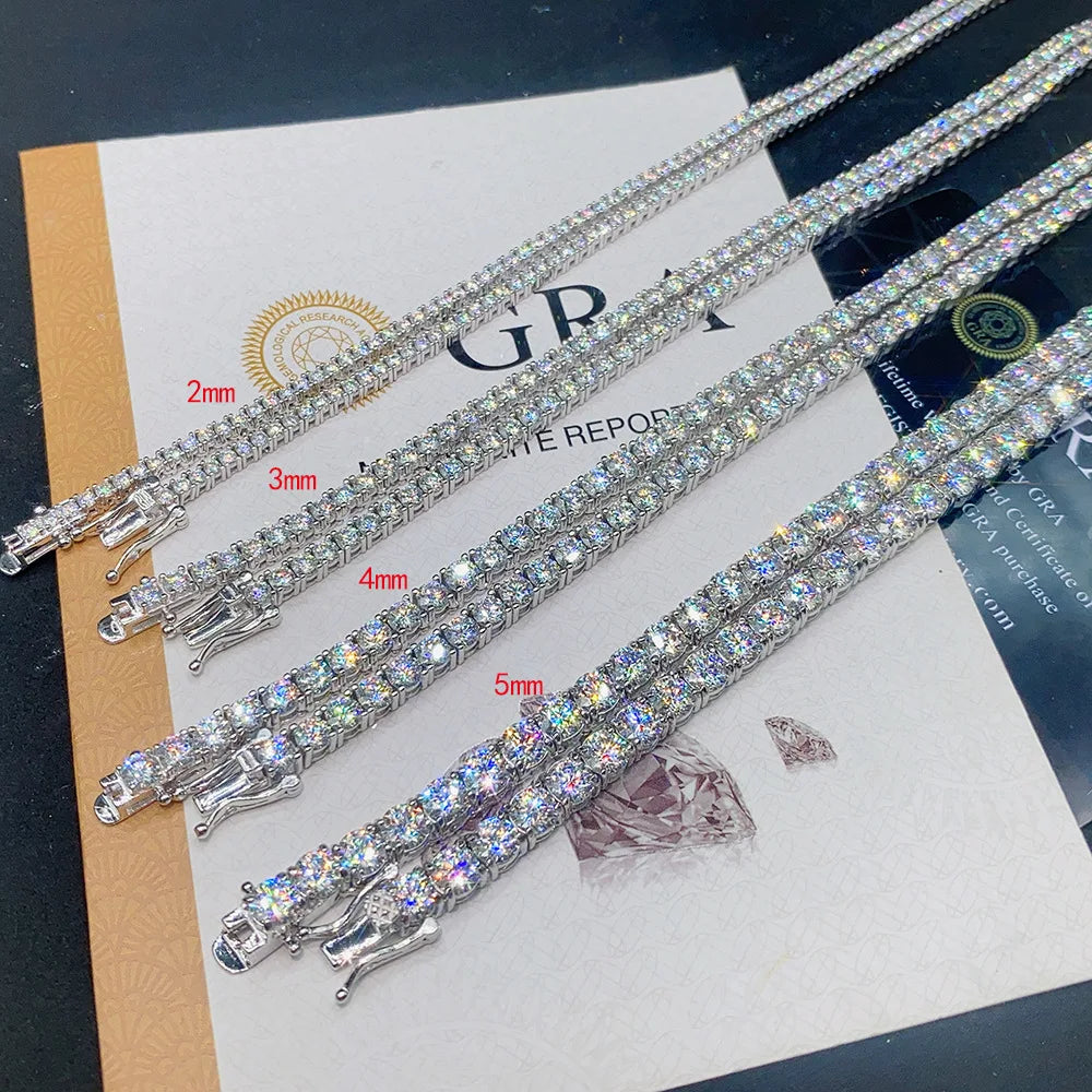 EWYA Full 2mm Moissanite VVS Micro Tennis Chain for Women Men 925 Silver Passes Diamond Tester 16 18 20 to 25 inch Necklace Gift