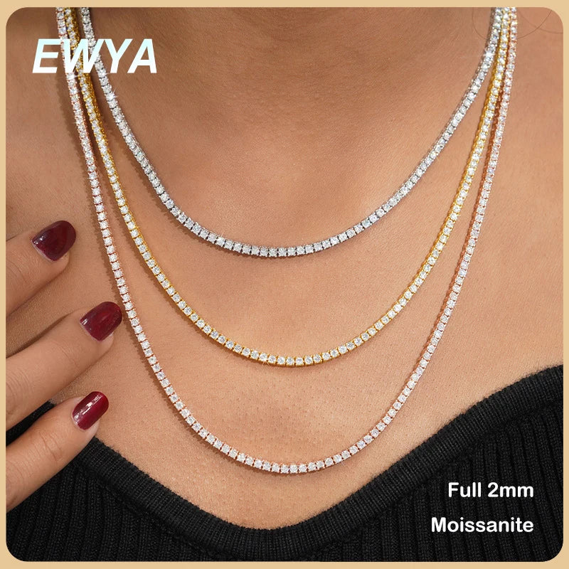 EWYA Full 2mm Moissanite VVS Micro Tennis Chain for Women Men 925 Silver Passes Diamond Tester 16 18 20 to 25 inch Necklace Gift