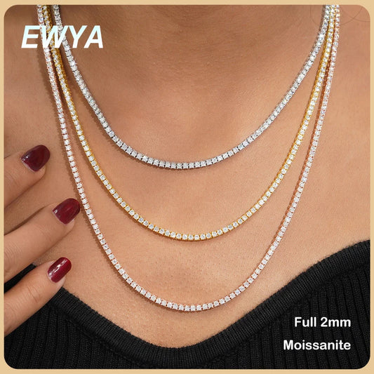 EWYA Full 2mm Moissanite VVS Micro Tennis Chain for Women Men 925 Silver Passes Diamond Tester 16 18 20 to 25 inch Necklace Gift