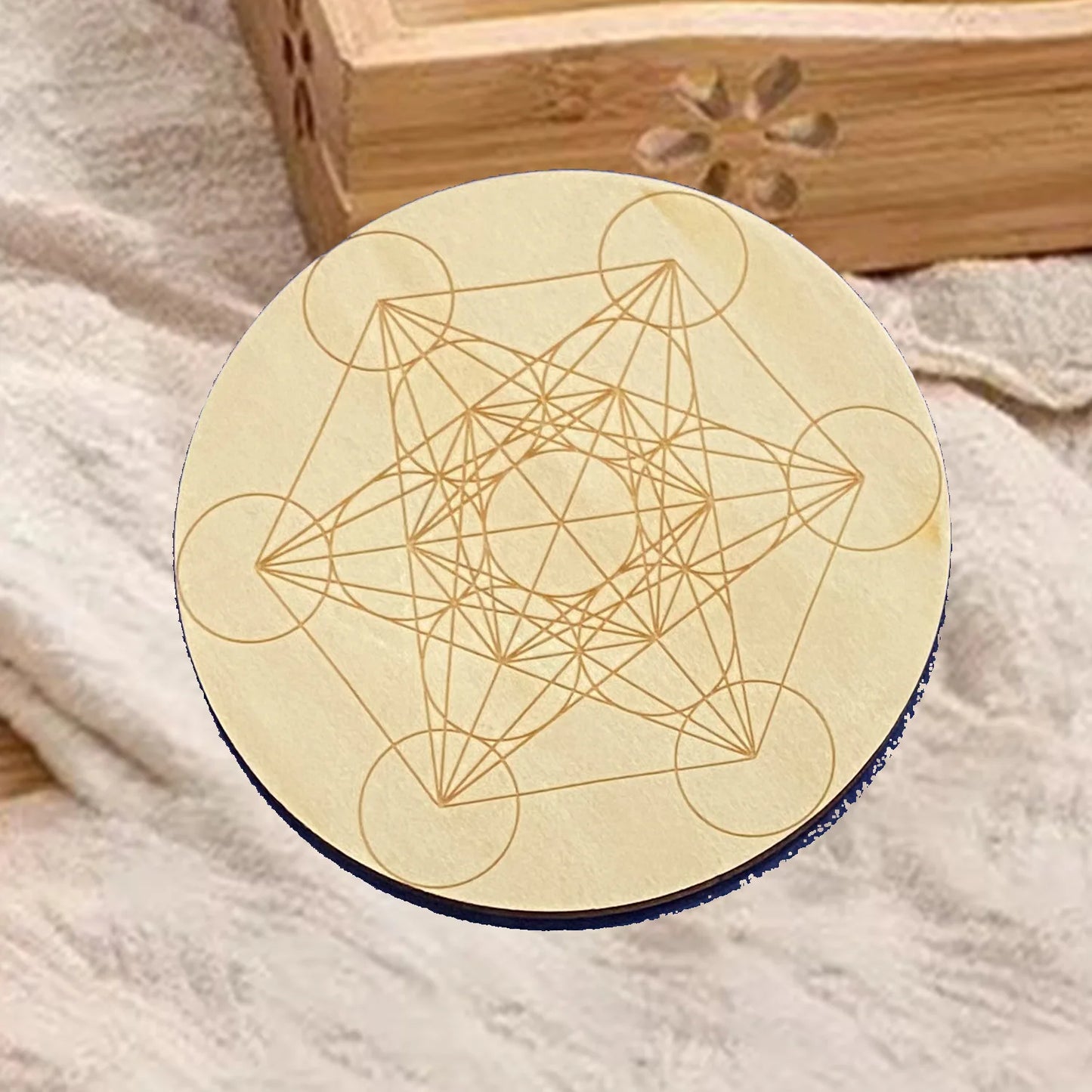 10PCS Round Edge Circles Carved Coaster Natural Chakra Flower of Life Symbol Wood For Stone Crystal Set Table Mat Kitchen DIY