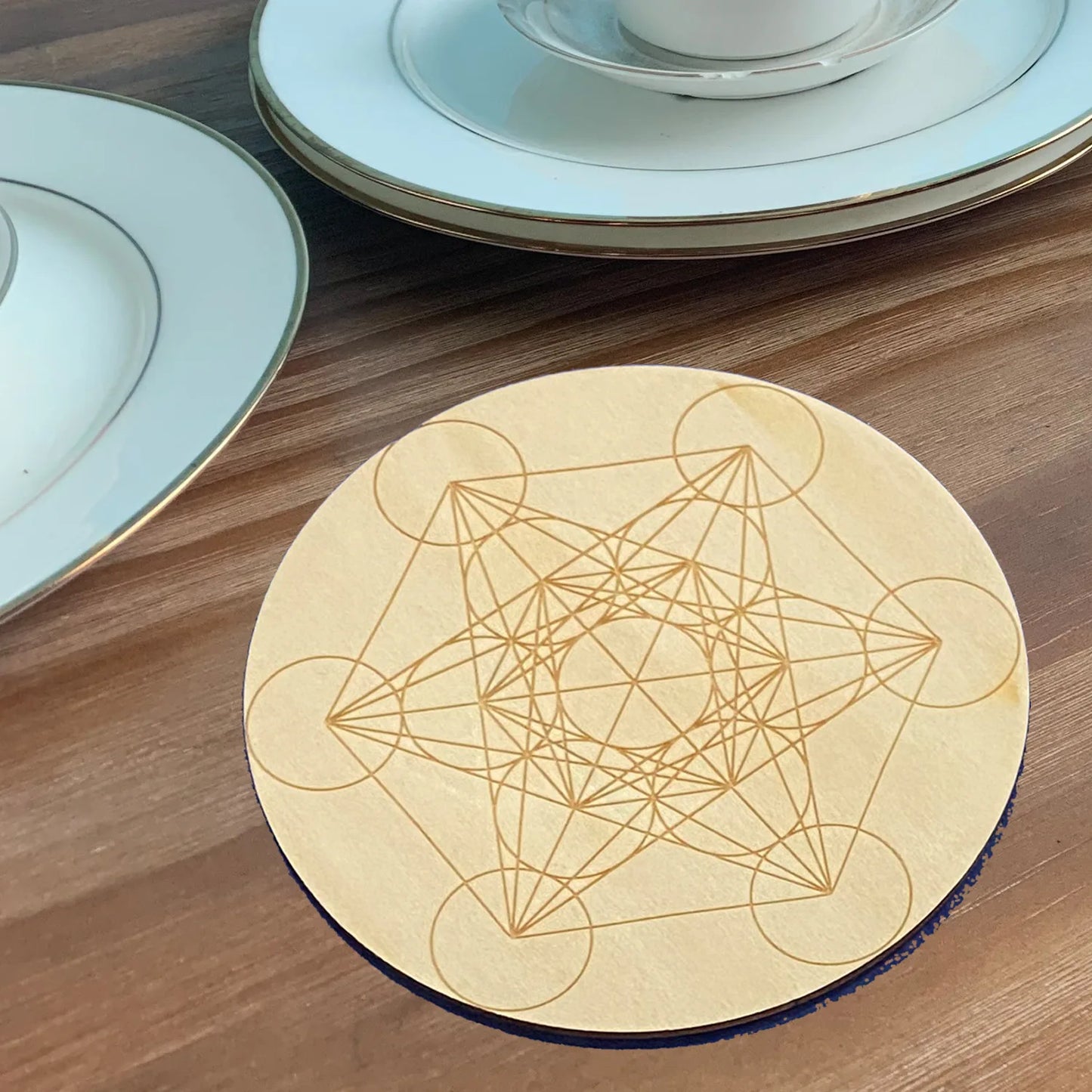 10PCS Round Edge Circles Carved Coaster Natural Chakra Flower of Life Symbol Wood For Stone Crystal Set Table Mat Kitchen DIY