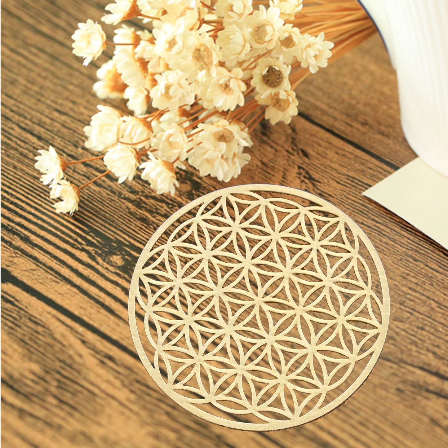 10PCS Round Edge Circles Carved Coaster Natural Chakra Flower of Life Symbol Wood For Stone Crystal Set Table Mat Kitchen DIY