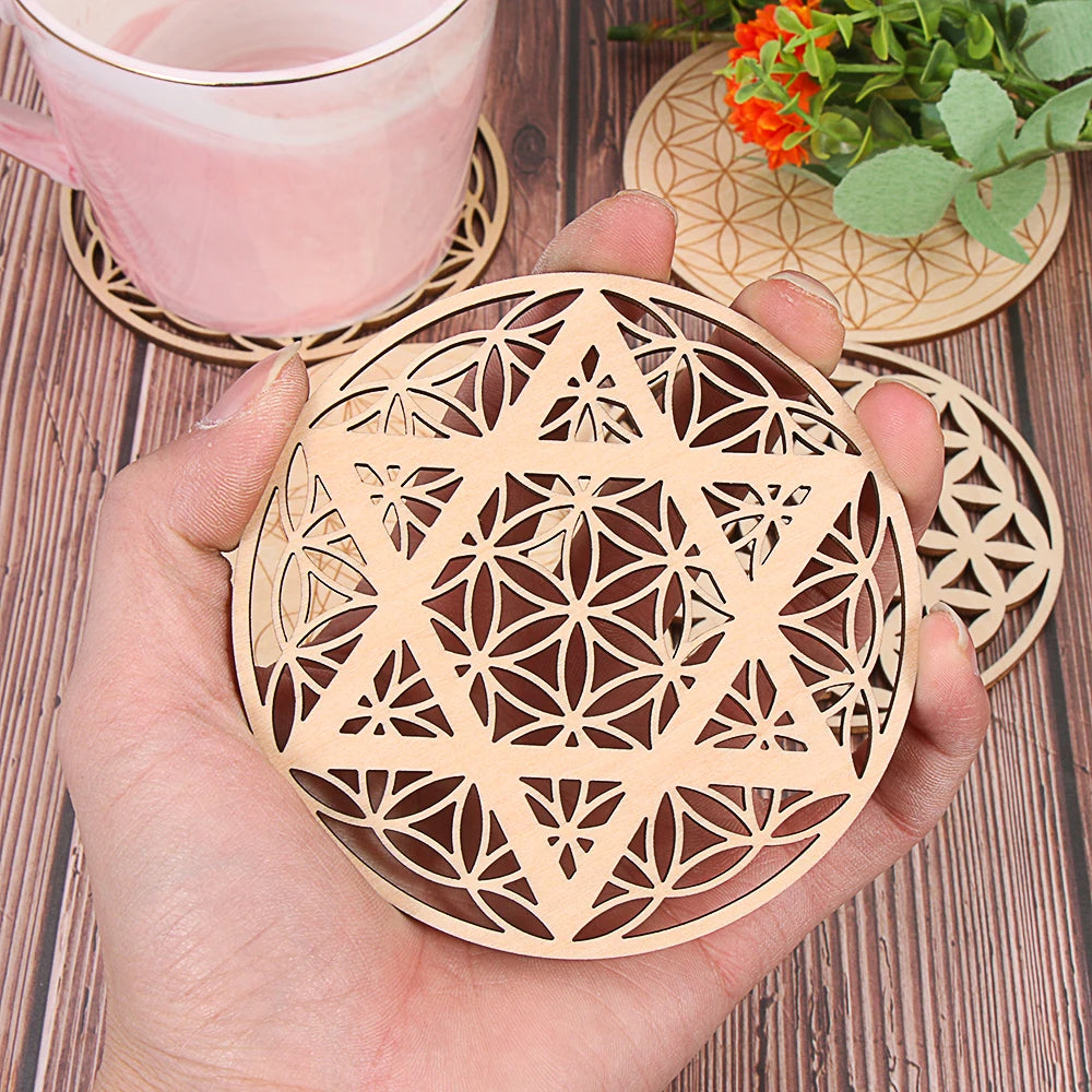 10PCS Round Edge Circles Carved Coaster Natural Chakra Flower of Life Symbol Wood For Stone Crystal Set Table Mat Kitchen DIY