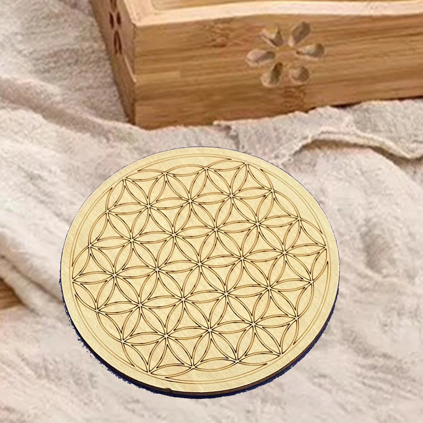 10PCS Round Edge Circles Carved Coaster Natural Chakra Flower of Life Symbol Wood For Stone Crystal Set Table Mat Kitchen DIY