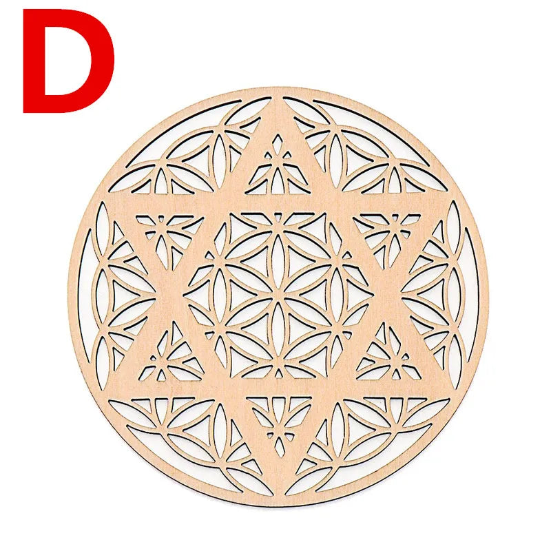 10PCS Round Edge Circles Carved Coaster Natural Chakra Flower of Life Symbol Wood For Stone Crystal Set Table Mat Kitchen DIY
