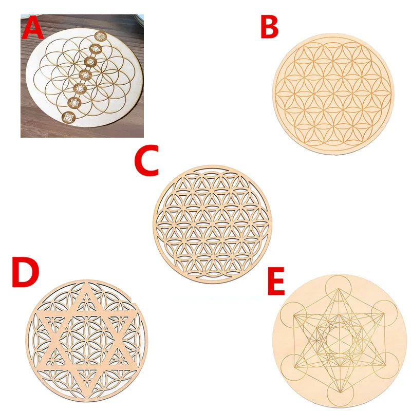 10PCS Round Edge Circles Carved Coaster Natural Chakra Flower of Life Symbol Wood For Stone Crystal Set Table Mat Kitchen DIY