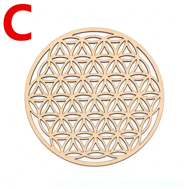 10PCS Round Edge Circles Carved Coaster Natural Chakra Flower of Life Symbol Wood For Stone Crystal Set Table Mat Kitchen DIY