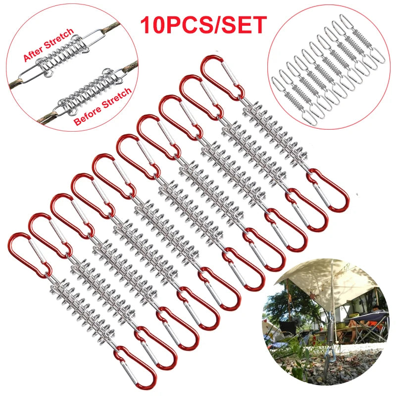 5/10Pcs/set Steel Tent Wind Rope Spring Buckle Tent Tensioner Camping Deck Pegs with Carabiner Clips Awning Tightener Fixed Hook