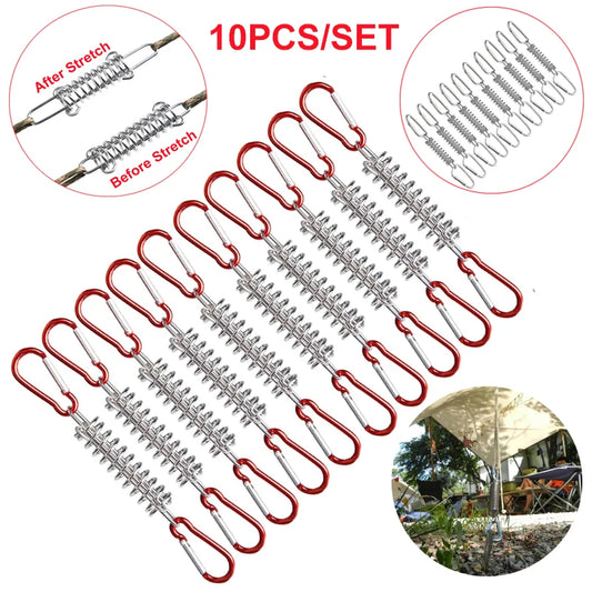5/10Pcs/set Steel Tent Wind Rope Spring Buckle Tent Tensioner Camping Deck Pegs with Carabiner Clips Awning Tightener Fixed Hook