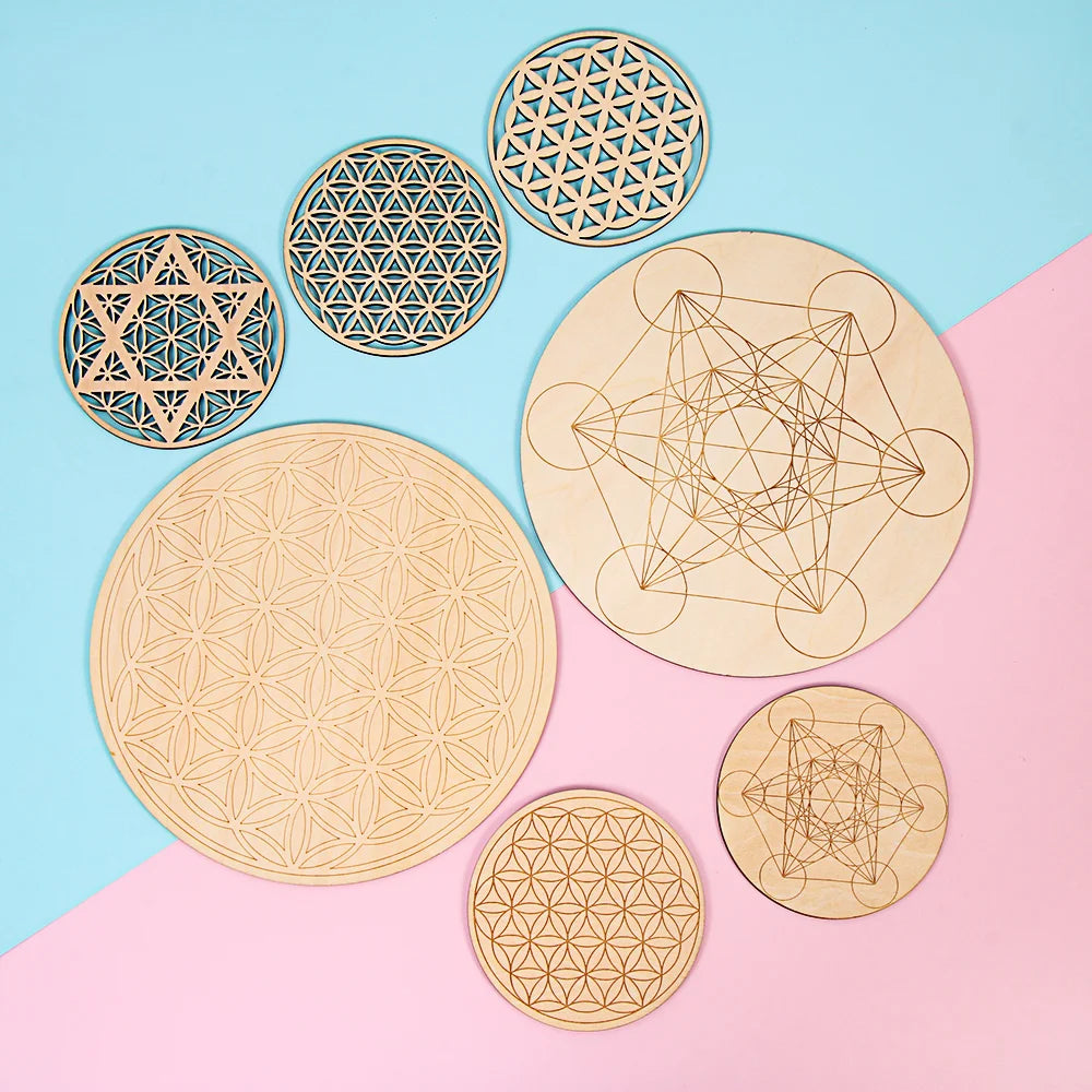 10PCS Round Edge Circles Carved Coaster Natural Chakra Flower of Life Symbol Wood For Stone Crystal Set Table Mat Kitchen DIY