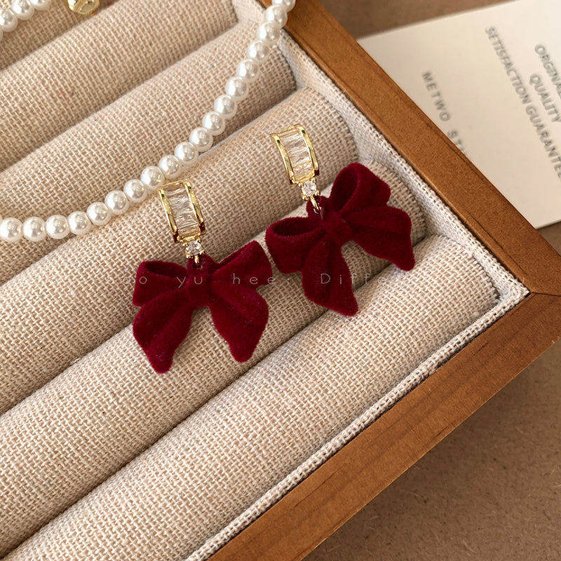 Red Love Heart Bow Tie Flocking Stud Earrings
