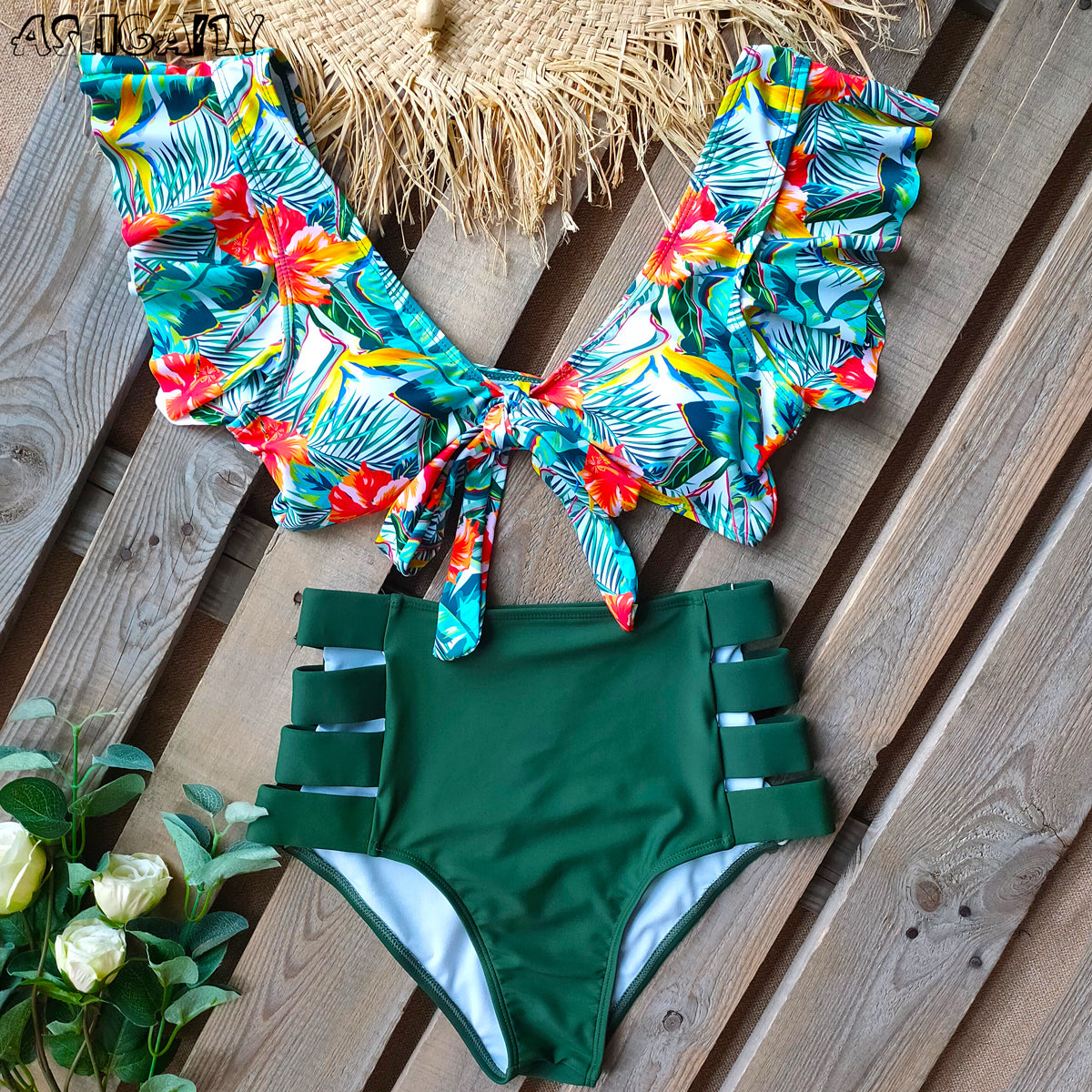 Print Swimwear Women High Waist Bikini Ruffle Swimsuit