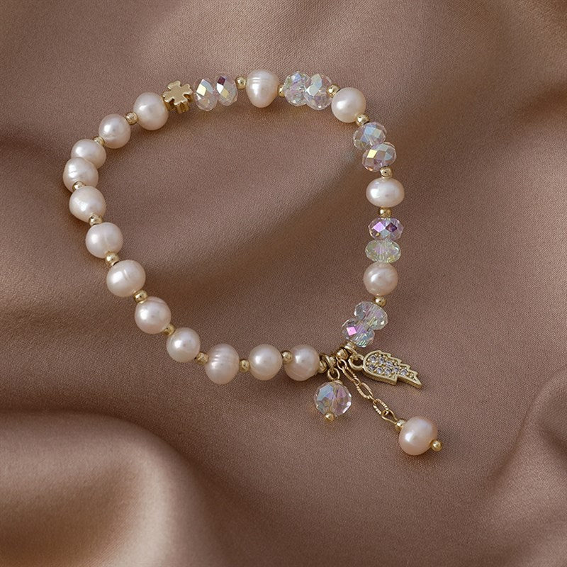 Freshwater Pearl Bracelet Women's Exquisite Baroque Crystal Bracelet Student Girlfriends Ins Special-Interest Design Wings Bracelet