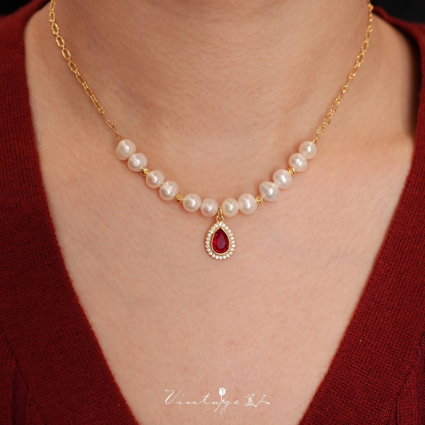 Lady Massel Retro French Natural Pearl Accessible Luxury Classy Wine Red Water Drop Pearl Necklace Clavicle Chain