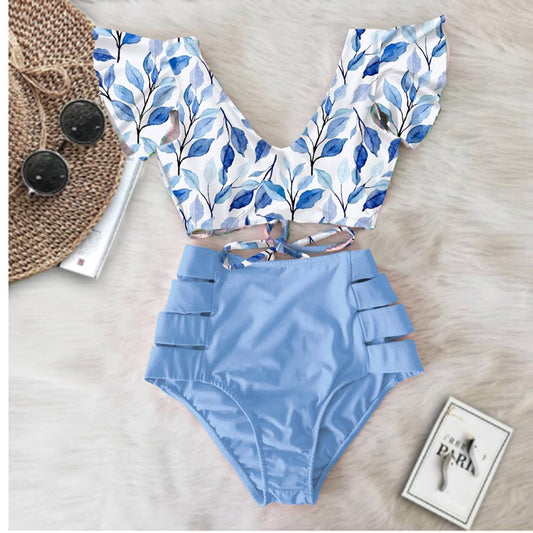 Print Swimwear Women High Waist Bikini Ruffle Swimsuit
