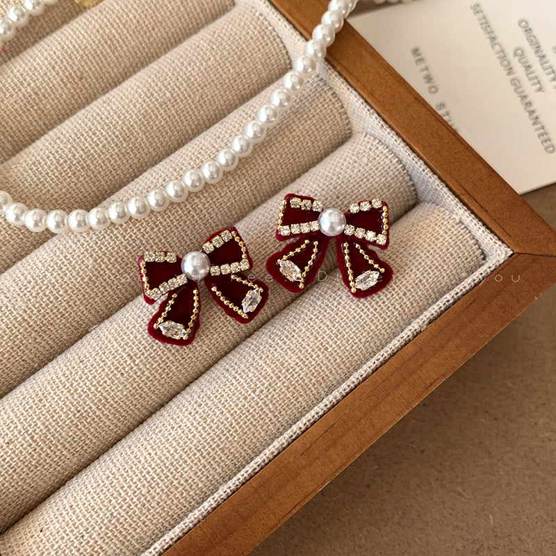 Red Love Heart Bow Tie Flocking Stud Earrings