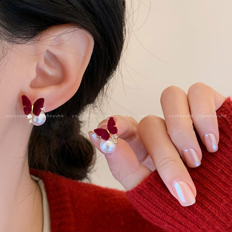 Red Love Heart Bow Tie Flocking Stud Earrings
