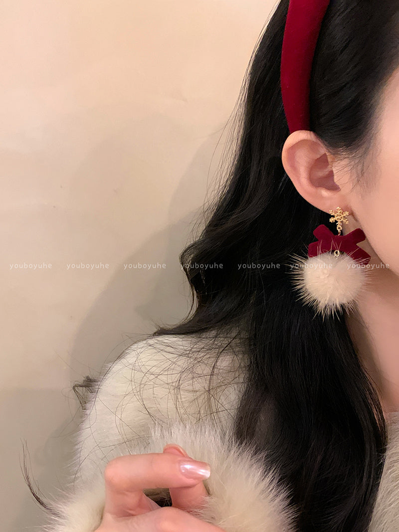 Red Love Heart Bow Tie Flocking Stud Earrings