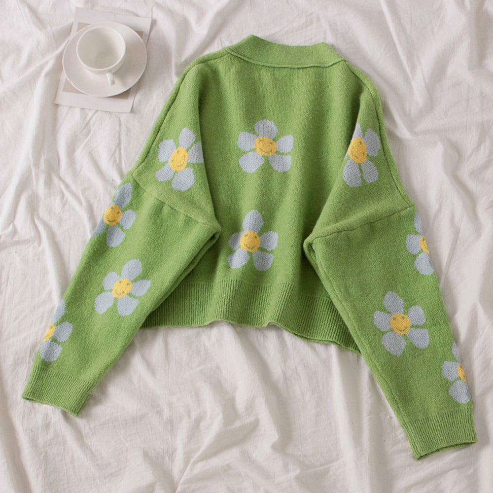 Preppy Style Flower Knitted Cardigans Sweater Women Cropped